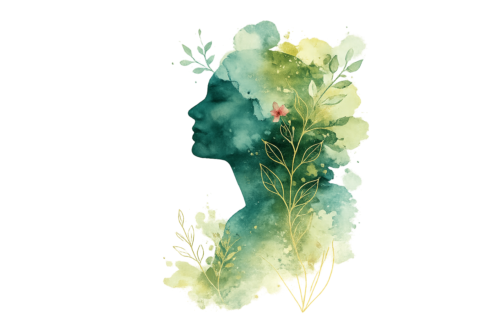 Watercolor-illustration af en kvinde med botaniske detaljer